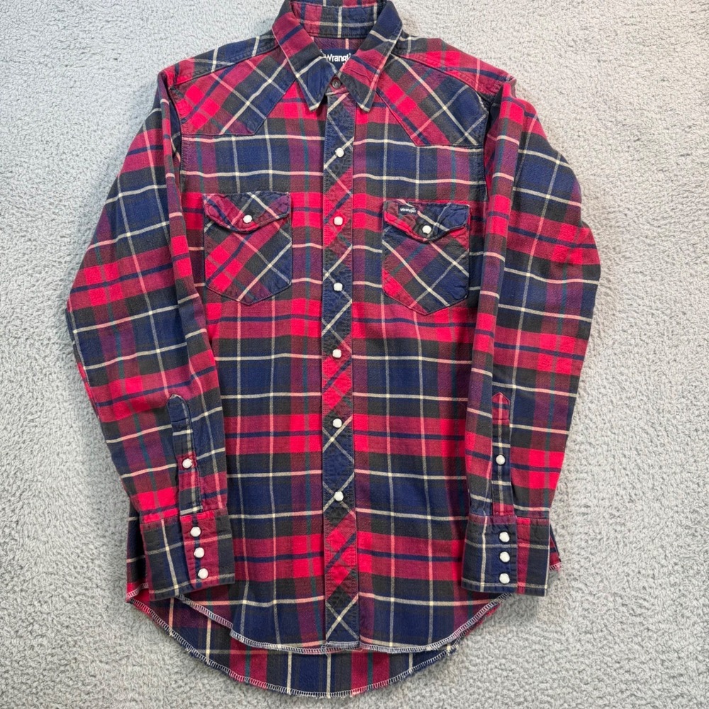 Wrangler Mens Western‎ Pearl Snap Flannel Shirt Red Navy Plaid Long Tail 15.5-34